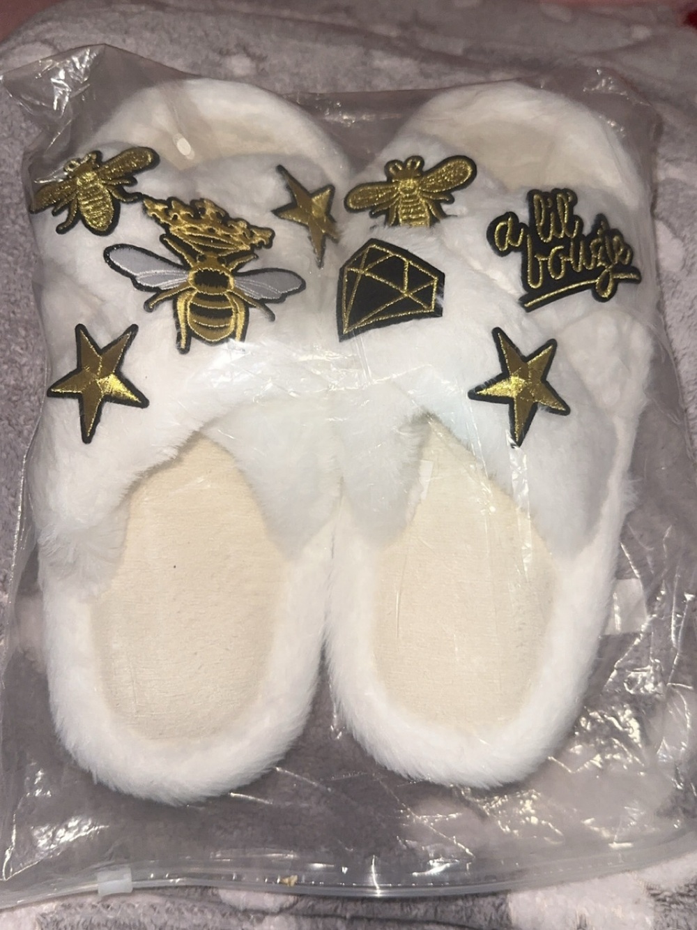 White Faux-Fur Women’s Slippers with Gold Bee & Star Patches